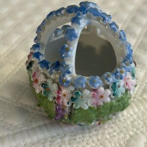 Antique German Elfinware/Mossware basket with applied flowers